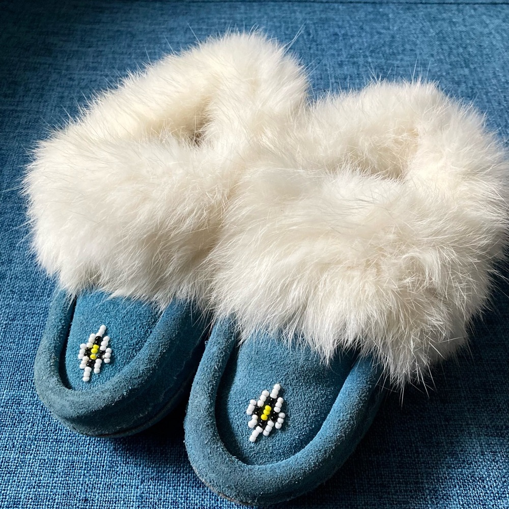 Handmade Suede Moccasins with Real Rabbit Fur Trim, Hardly Worn